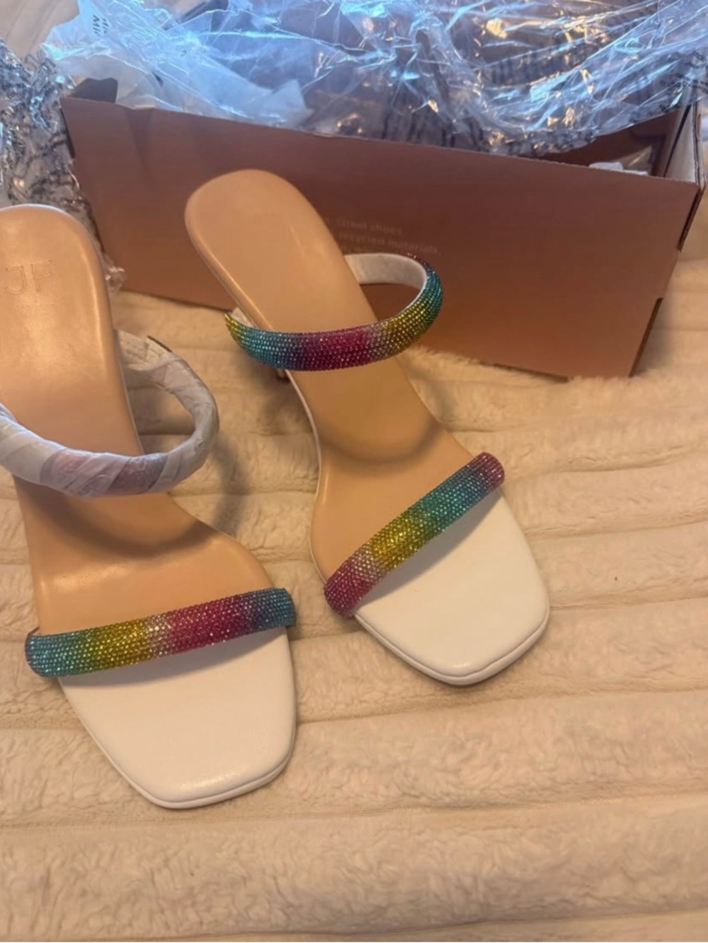 JustFab White Slide Mules with Multicolor Crystal Straps
